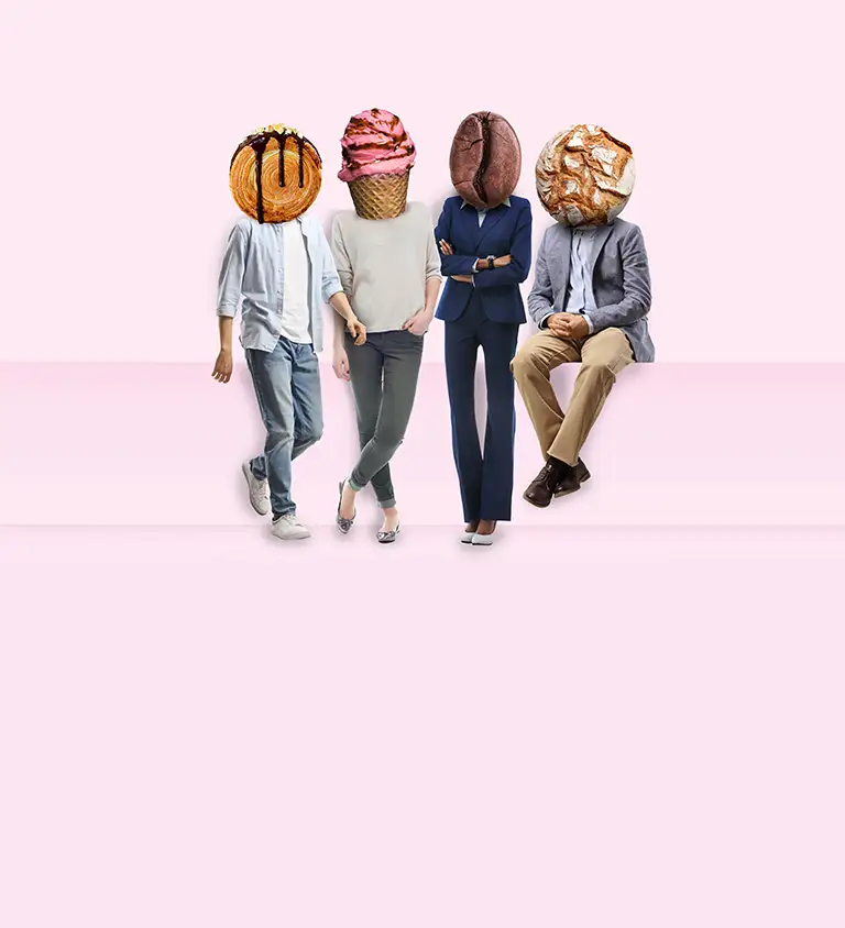Four people with coffee heads and desserts